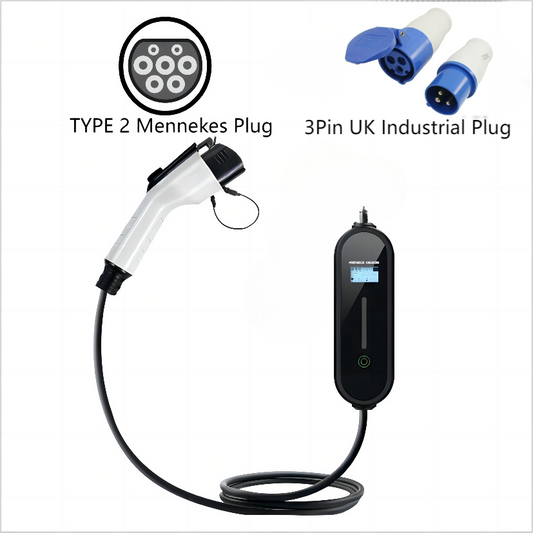 TeleEV Portable TYPE 2 Mennekes Level 1 EV Charger |16A|230V|3.5KW/h|UK Industrial Plug|3 Pin|16ft-1