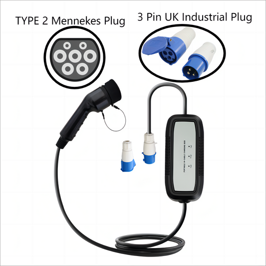 TeleEV Portable TYPE 2 Mennekes Level 1 EV Charger【Indicator light style】|16A|230V|3.5KW/h|UK Industrial Plug|16ft-1